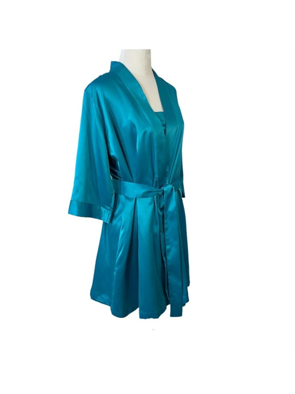Cabernet Short Satin Wrap Robe & Chemise Nightgown Small and Medium Peacock Blue